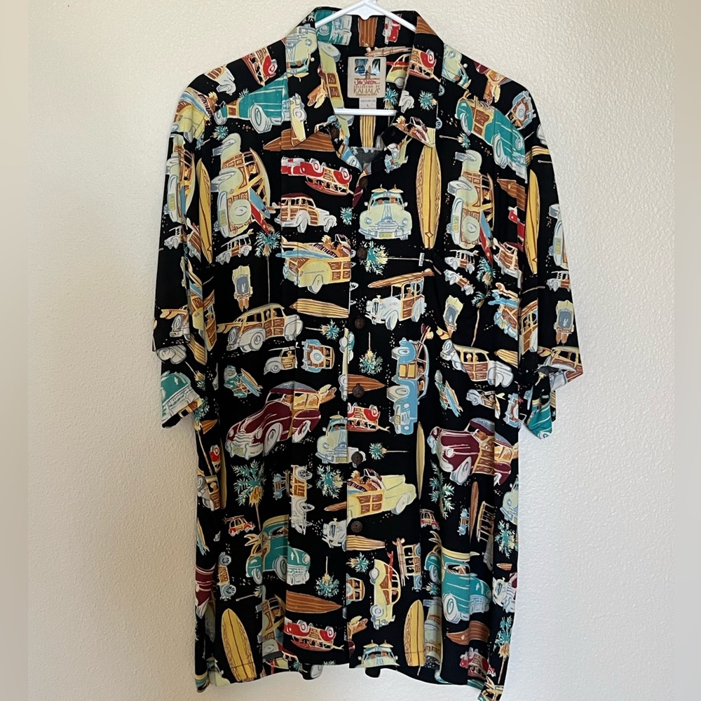 John Severson Men’s Kahala Hawaiian Black Vintage Car Short Sleeve Shirt Sz L